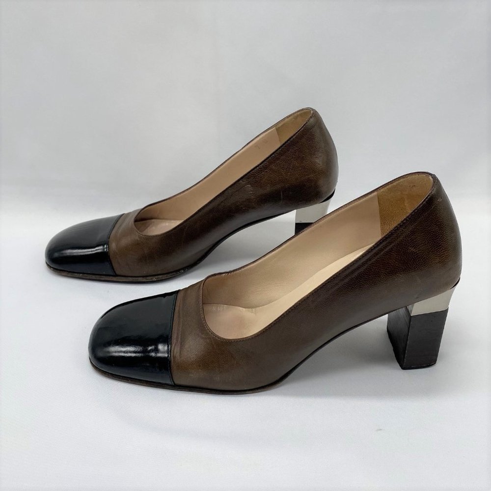 Chanel Brown Leather Shoes with Black Patent Leather Toe - 3 Inch Heel